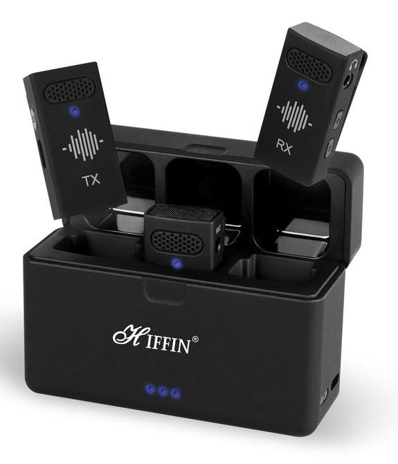 Hiffin HWM-50 Wireless Microphone System for Camera & Smartphone - Compact & Lightweight, Noise Cancellation, Multi-Person Recording, Portable Charging Case