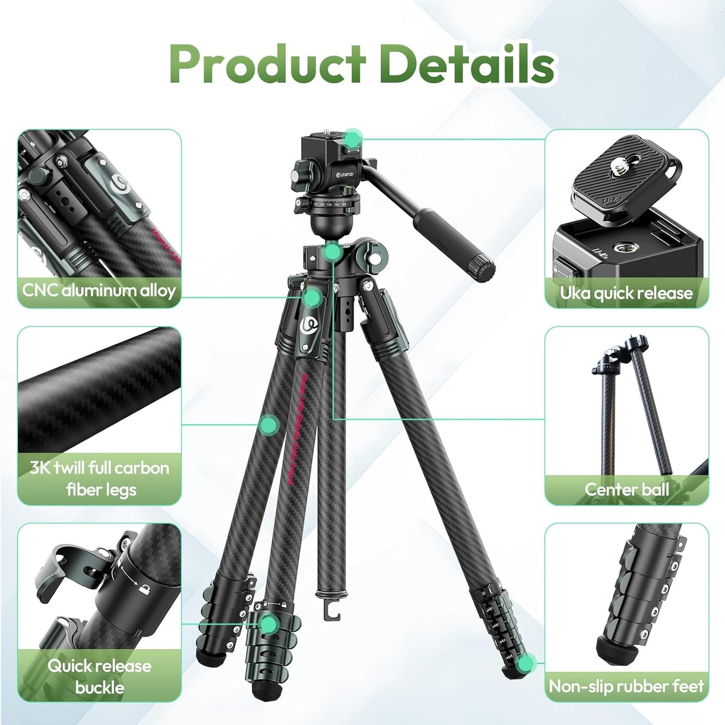 ULANZI JJ06 GlideGo Carbon Fiber Video Tripod, Dual 360° Pan Head, 73.6 inch Max Height, 11 lb Load