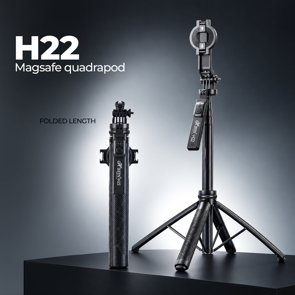 H22 Selfie Stick Tripod, 71in Quadrapod, Remote, 360° Rotation, Detachable Mount