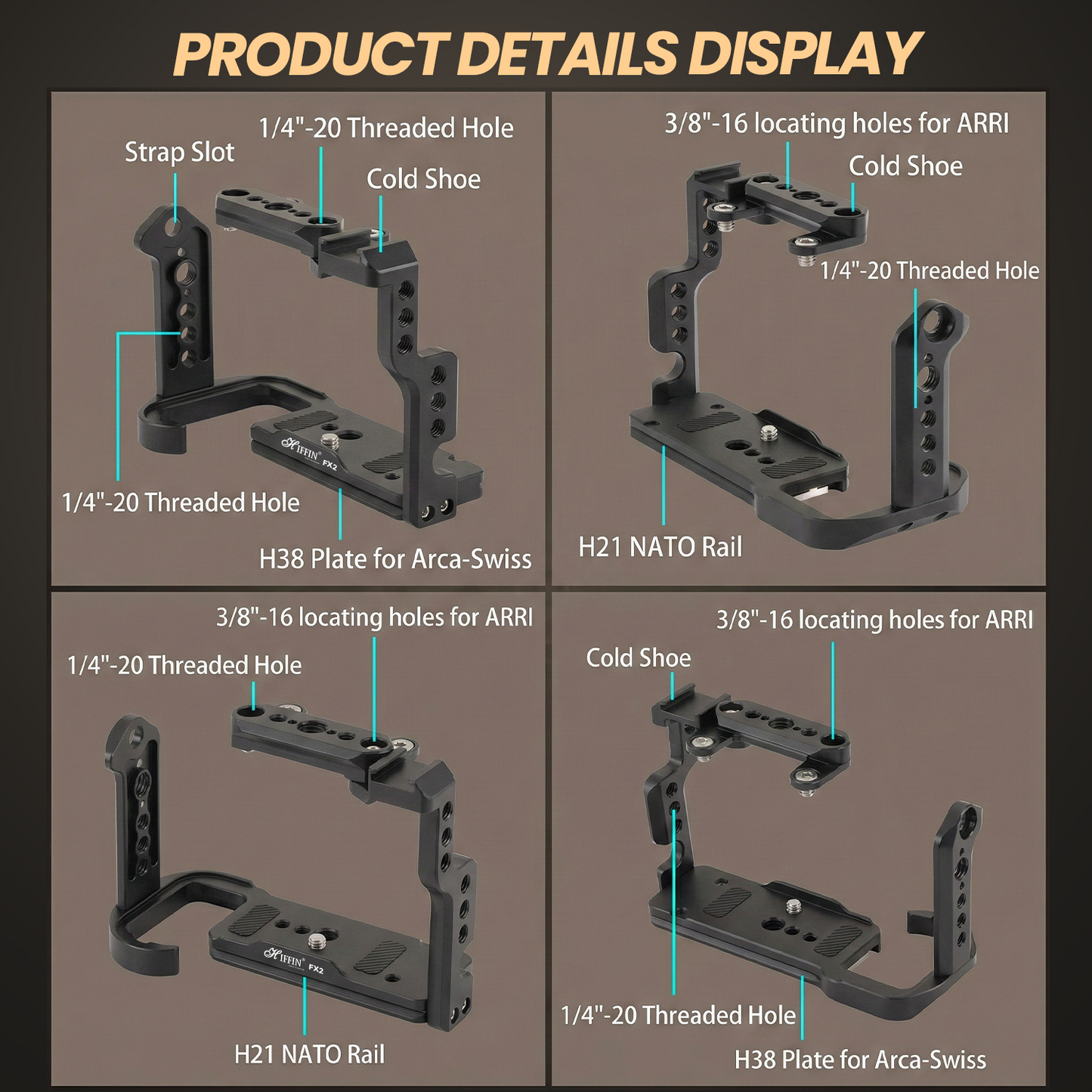 FX2 Metal Camera Cage Arca-Type Quick Release Cold Shoe 1/4″ & 3/8″ Thread Mount