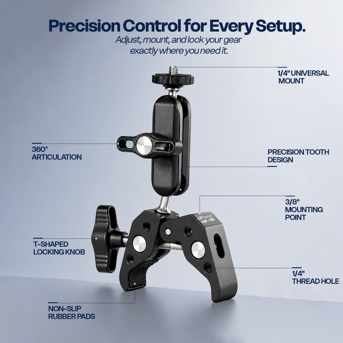 HF-15 Super Clamp Mount, 360° Adjustable, CNC Alloy, 1/4" & 3/8" Thread
