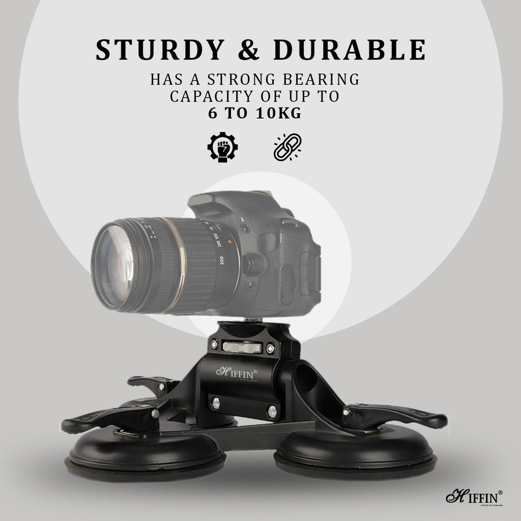 HIFFIN Universal Triple Camera Suction Cup Mount Holder with 1/4" and 3/8" Screws and Compatibility with Cameras, DSLRs, Camcorders, Ball Heads & More