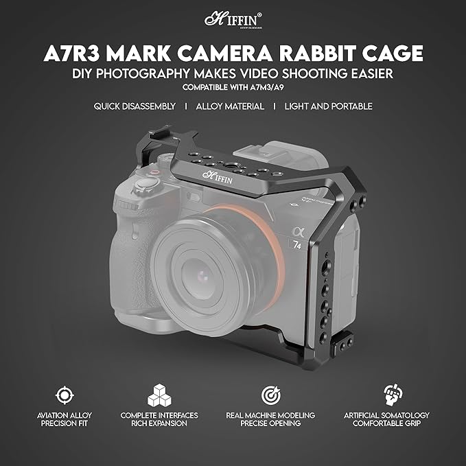 HIFFIN A7R3 Metal Cage for A7S3, A7M3, A9 Built-in Quick Release Plate for Arca-Type, Film Movie Making Camera Video Cage with Shoe Mount, 1/4'' & 3/8'' Threaded Holes
