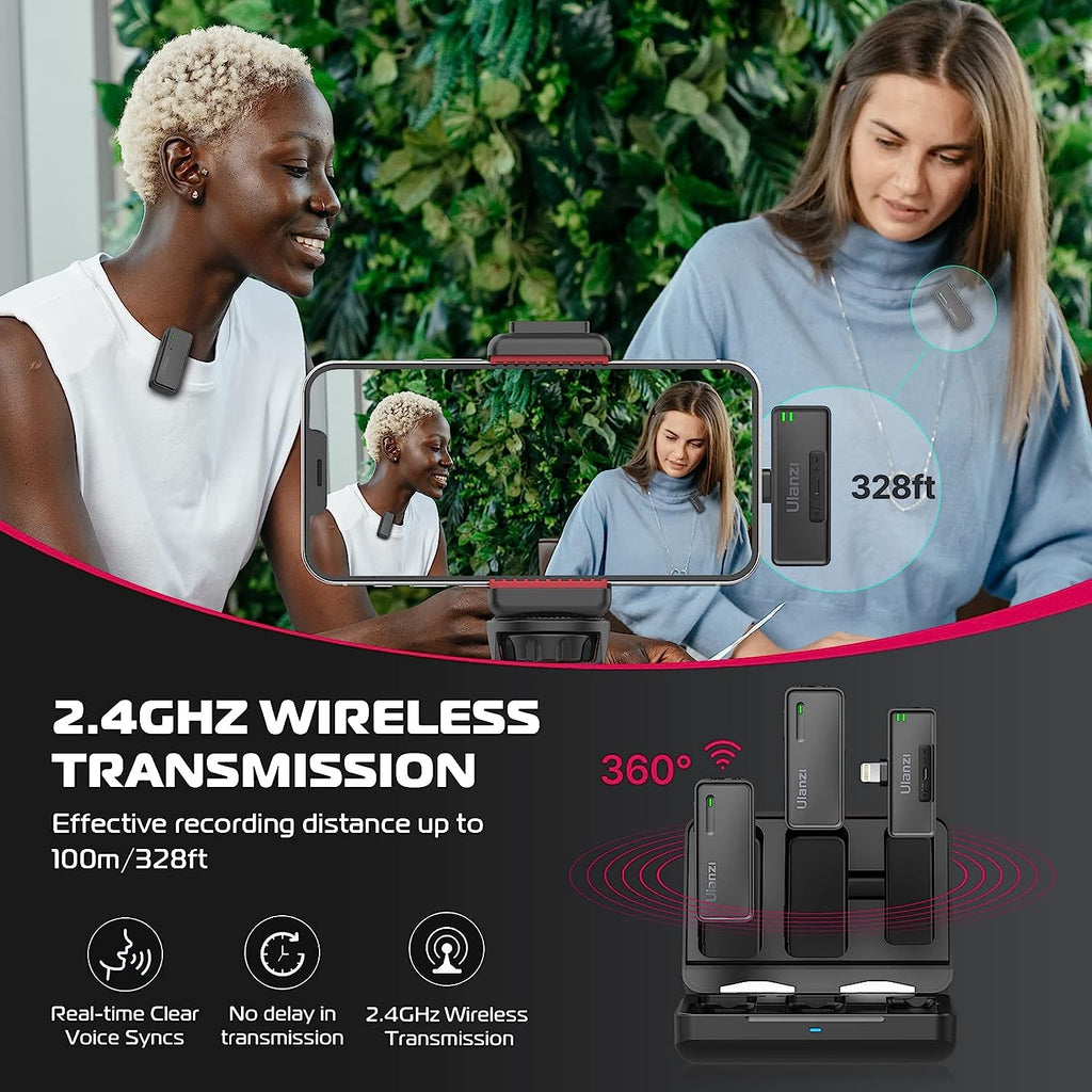 ULANZI UW-MIC Wireless Lavalier Microphone 2.4GHz for iPhone iPad, 2-in-1 Plug-Play Mic with Charging Case for Phone Video Recording Interview Youtubers Vloggers, 328ft Transmission Range