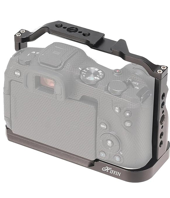 HIFFIN Upgraded Metal Cage for EOS R8 Built-in Quick Release Plate for Arca-Type with 1/4 Threaded Holes, 3/8" Locating Holes for ARRI, Included Cold Shoe