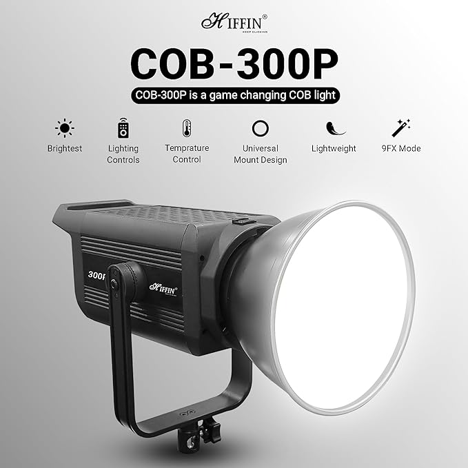 HIFFIN COB-300P Professional 300W LED Video Light for Studio Film Recording, 2800K-6800K Dimmable with Remote Control, Widely Used for Photography and Videography