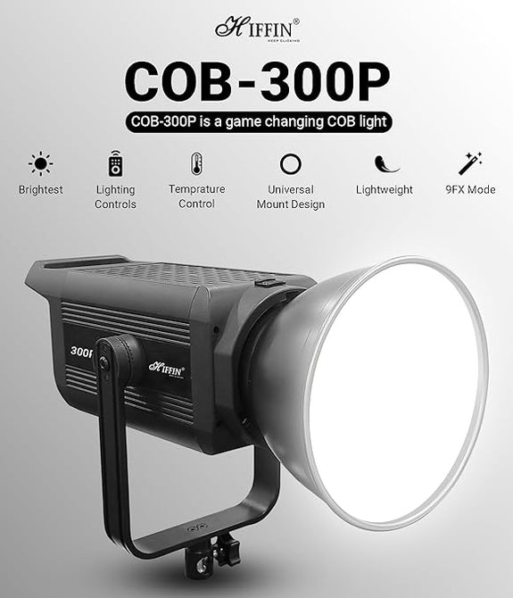 HIFFIN COB-300P Professional 300W LED Video Light for Studio Film Recording, 2800K-6800K Dimmable with Remote Control, Widely Used for Photography and Videography