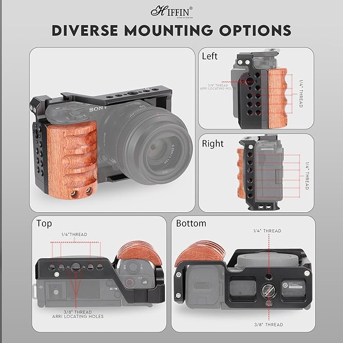 HIFFIN Upgrade Metal Cage with Wood Handle for Sony Alpha ZV-E10 Video Shooting Accessories, Cold Shoe Mic/Light Extension Video Cage Vlogging Camera Kit
