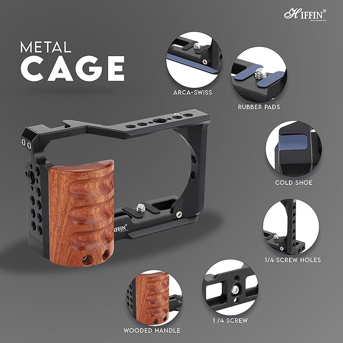 HIFFIN Upgrade Metal Cage with Wood Handle for Sony Alpha ZV-E10 Video Shooting Accessories, Cold Shoe Mic/Light Extension Video Cage Vlogging Camera Kit