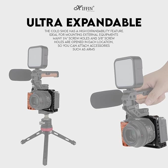 HIFFIN Upgrade Metal Cage with Wood Handle for Sony Alpha ZV-E10 Video Shooting Accessories, Cold Shoe Mic/Light Extension Video Cage Vlogging Camera Kit