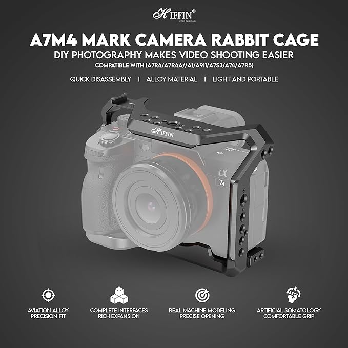 HIFFIN A7M4 Metal Cage for A7M4, A7R4A, A1, A9II, A7S3, A7R5, A7IV Built-in Quick Release Plate for Arca-Type, Filmmaking Video Cage with Shoe Mount, 1/4'' & 3/8'' Threaded Holes