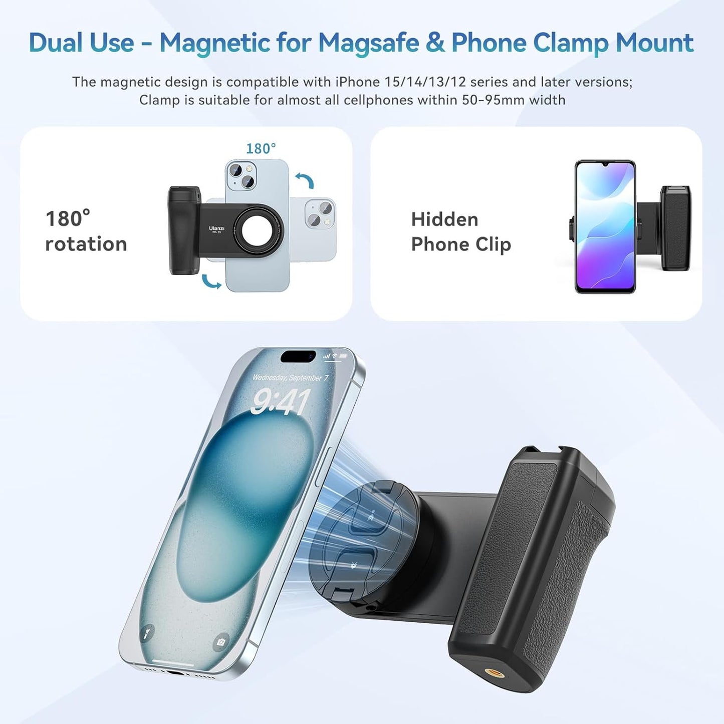 MA35 Selfie Phone Tripod Mount, 2-in-1 Magnetic Clip with Remote Shutter