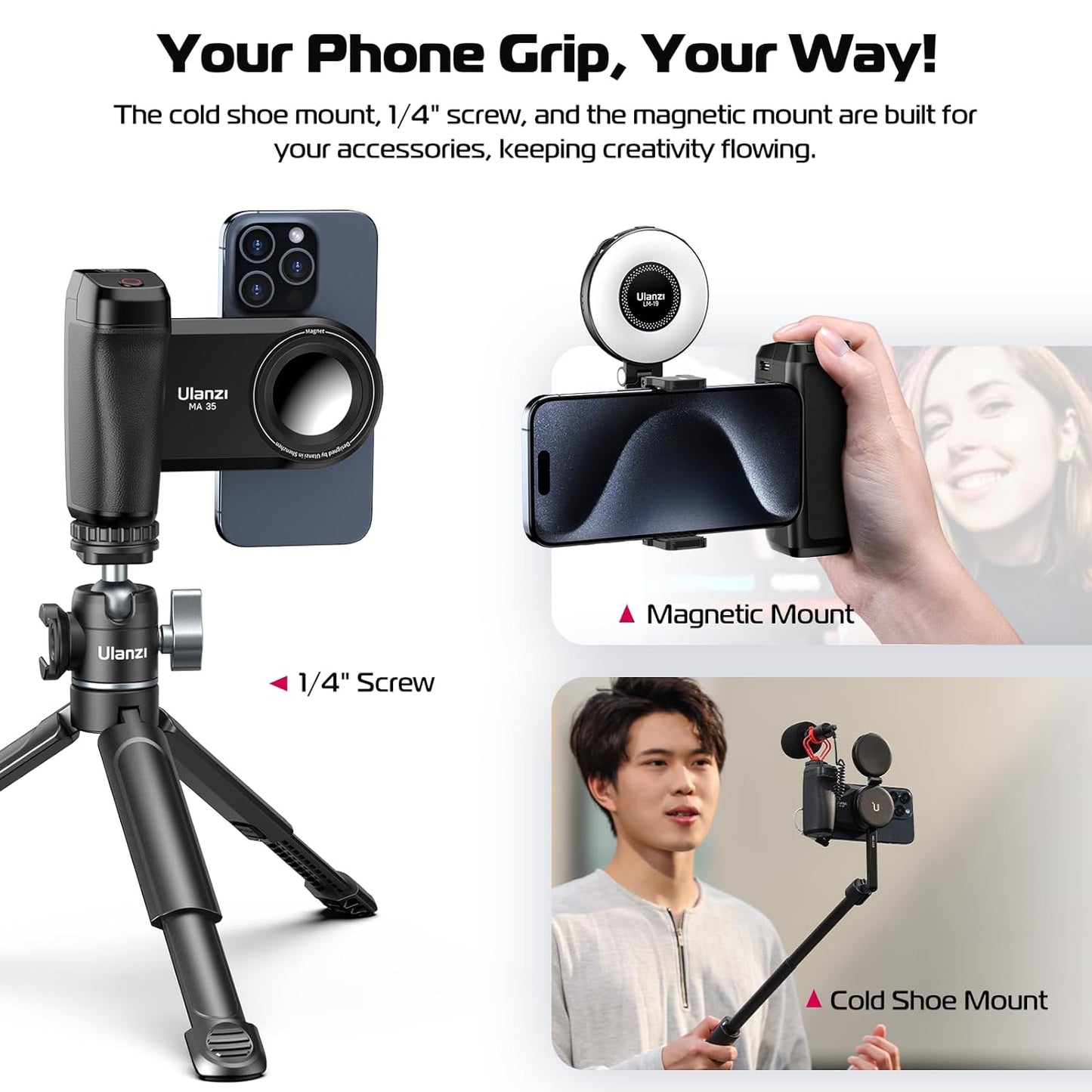 MA35 Selfie Phone Tripod Mount, 2-in-1 Magnetic Clip with Remote Shutter
