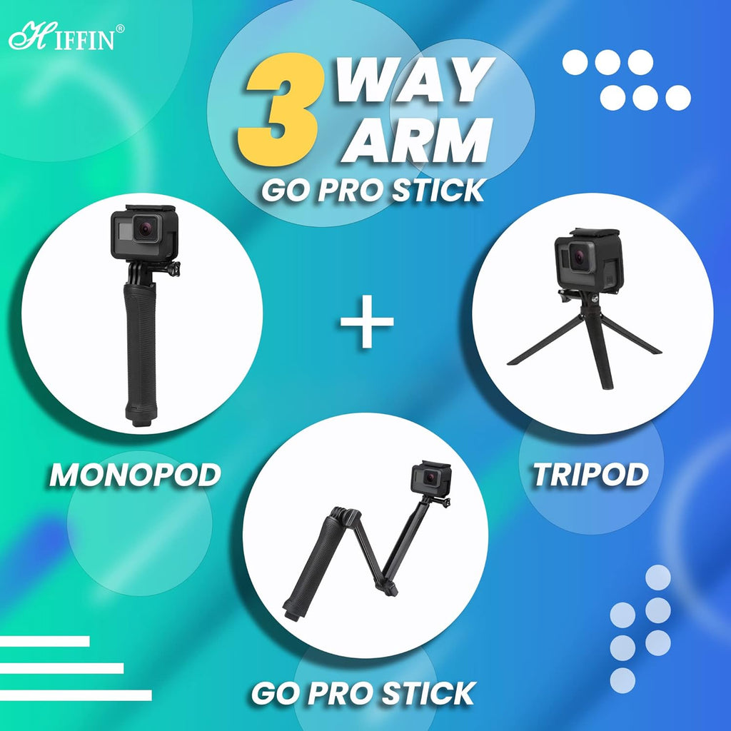 HIFFIN 3-Way Monopod Grip Arm Tripod Foldable Selfie Stick, Stabilizer Mount Holder for GoPro Hero 9/8/7/6/5, SJCAM SJ6, SJ7, SJ5000