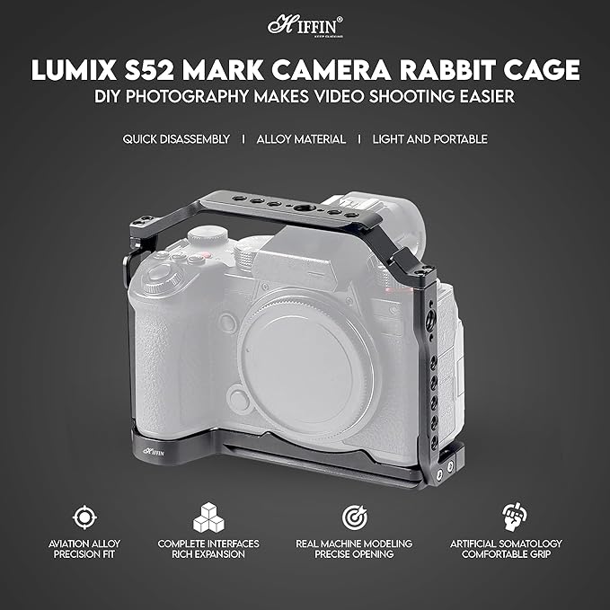 HIFFIN S5II Hersmay Aluminium Camera Cage for LUMIX S5 II / S5 IIX Mirrorless Camera, Built-in Cold Shoe & NATO Rail, Quick Release Plate for Arca Swiss