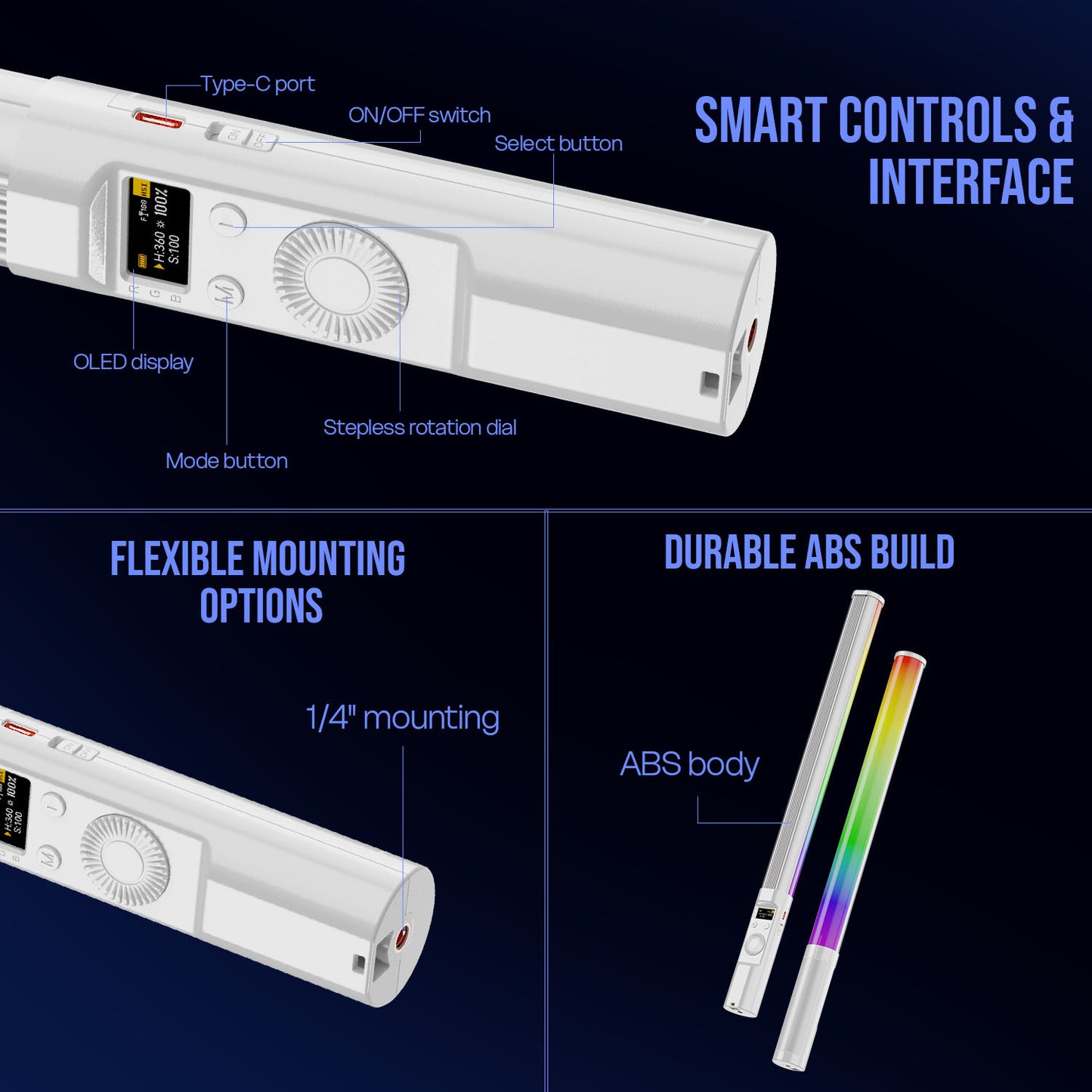 HF-225 RGB LED Stick Light 12W, 2500-9900K, App Control, 24 FX, 3000mAh, Type-C