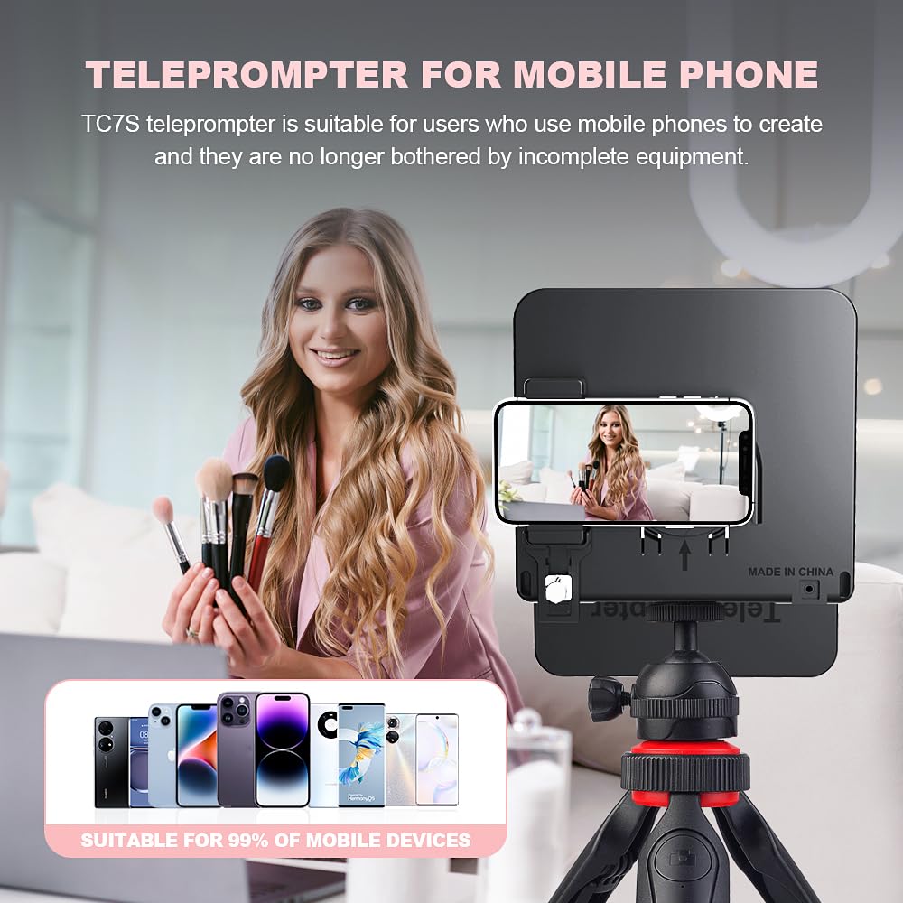 LENSGO TC7S Portable Teleprompter for Phone, Mini with Remote, iPhone & Android