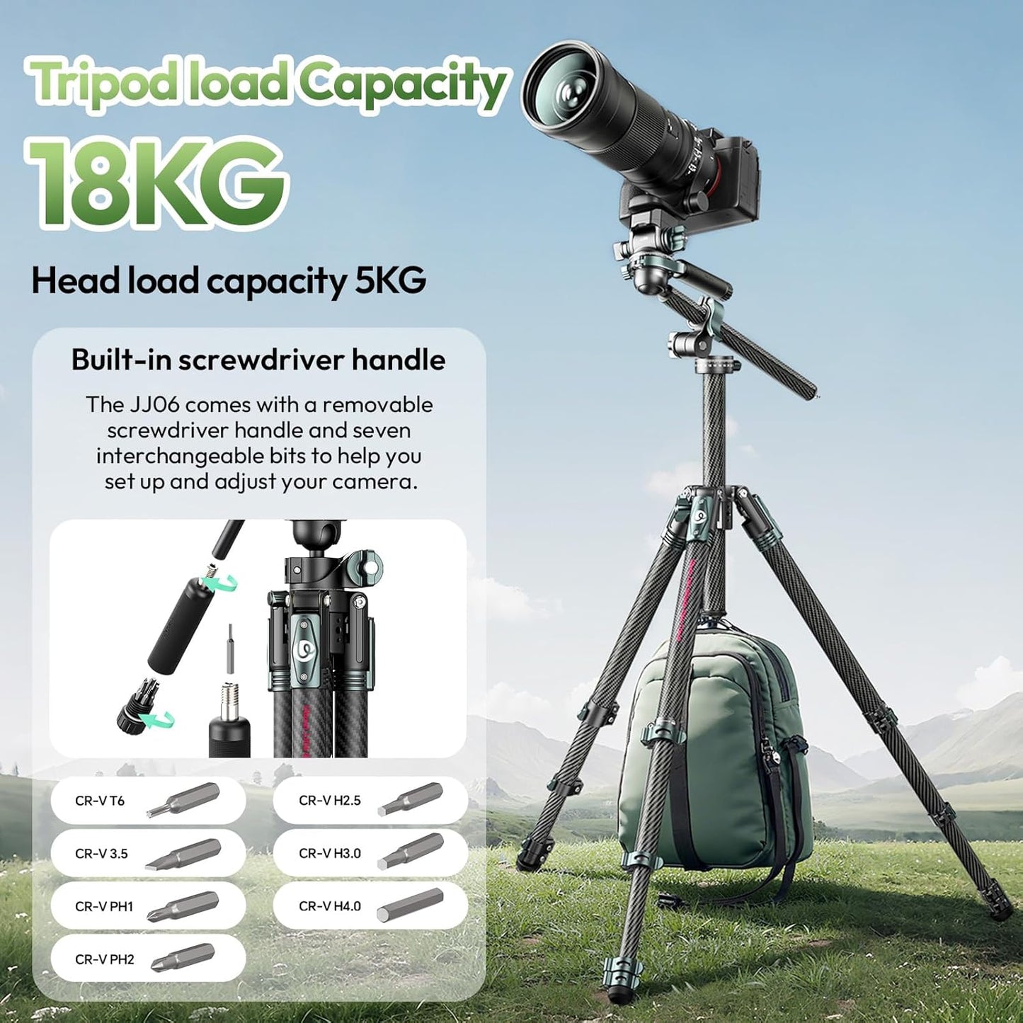 ULANZI JJ06 GlideGo Carbon Fiber Video Tripod, Dual 360° Pan Head, 73.6 inch Max Height, 11 lb Load