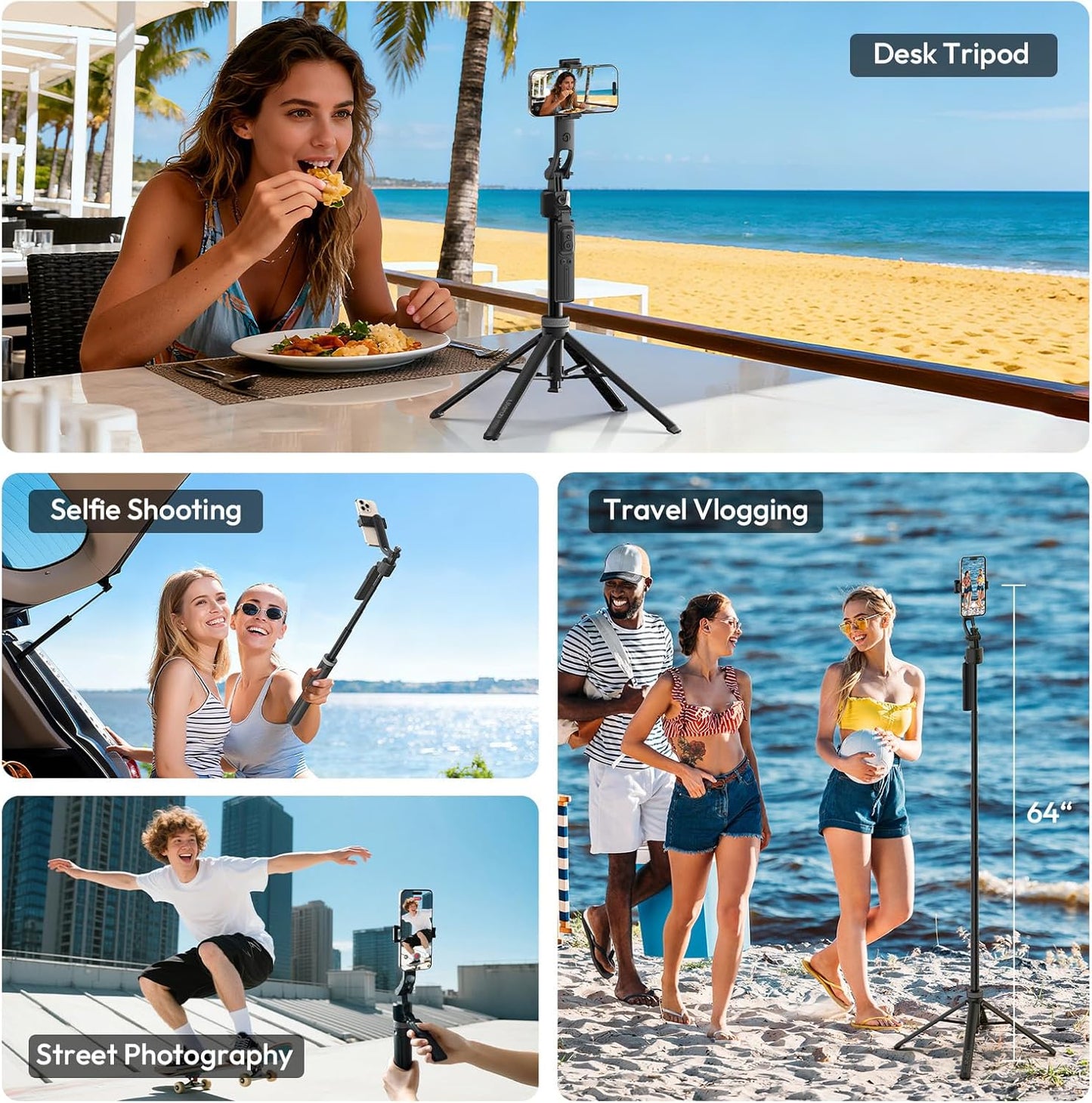 ULANZI TT23 64" Auto Face Tracking Tripod, 360° Selfie Stick w/ Remote for iPhone/Android