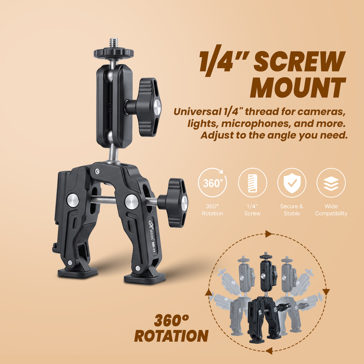 HF-17 Magic Arm & Super Clamp, 360° Ball Head, 1/4" & 3/8" Thread Mount