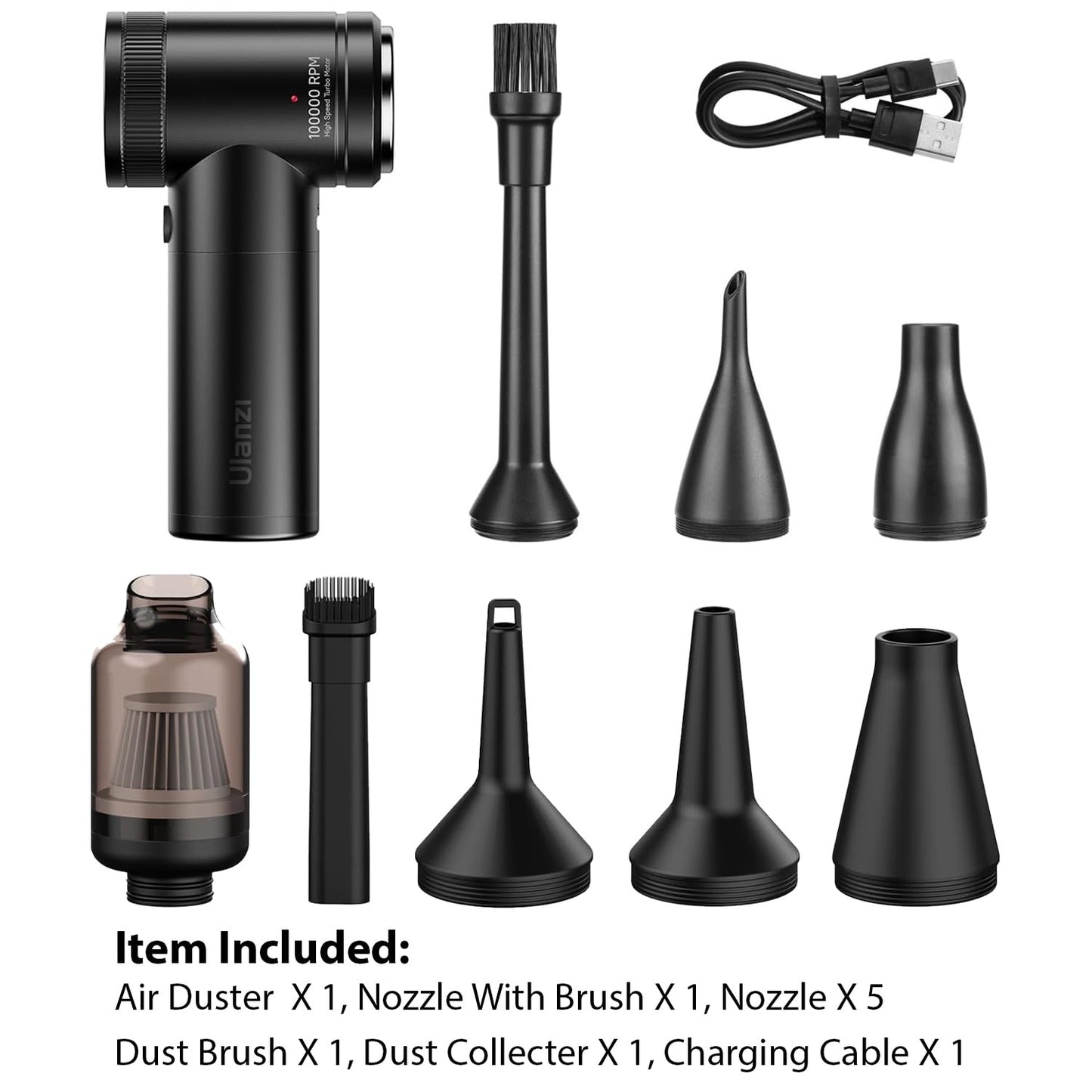 ULANZI Electric Air Duster with Duster Kit, 2-in-1 Design 5 Replacable Nozzles, 4 Gear Intelligent Mechanism Dust Blower & Vacuum Cleaner, Lens Cleaning Air Blower