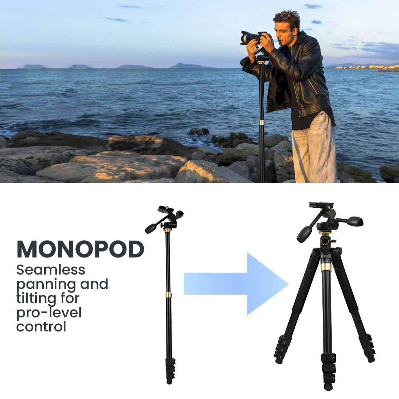 Professional Portable Tripod Monopod with 3 Way Pan Head