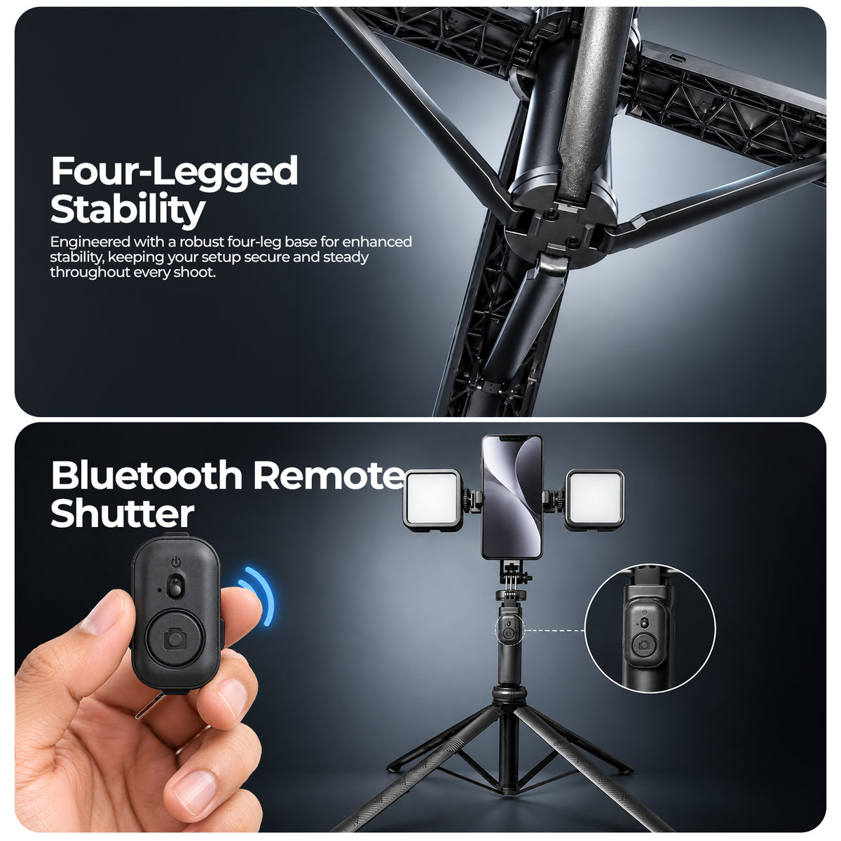 H22 Selfie Stick Tripod, 71in Quadrapod, Remote, 360° Rotation, Detachable Mount