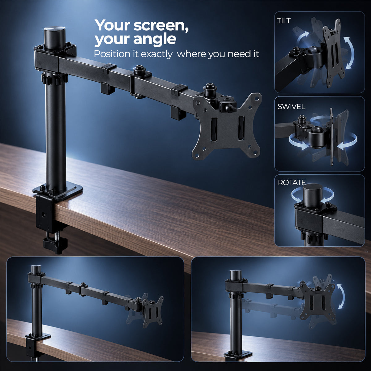 MS12 Monitor Arm, 17–32in, 2–10kg, VESA 75x75/100x100, Articulating Desk Mount