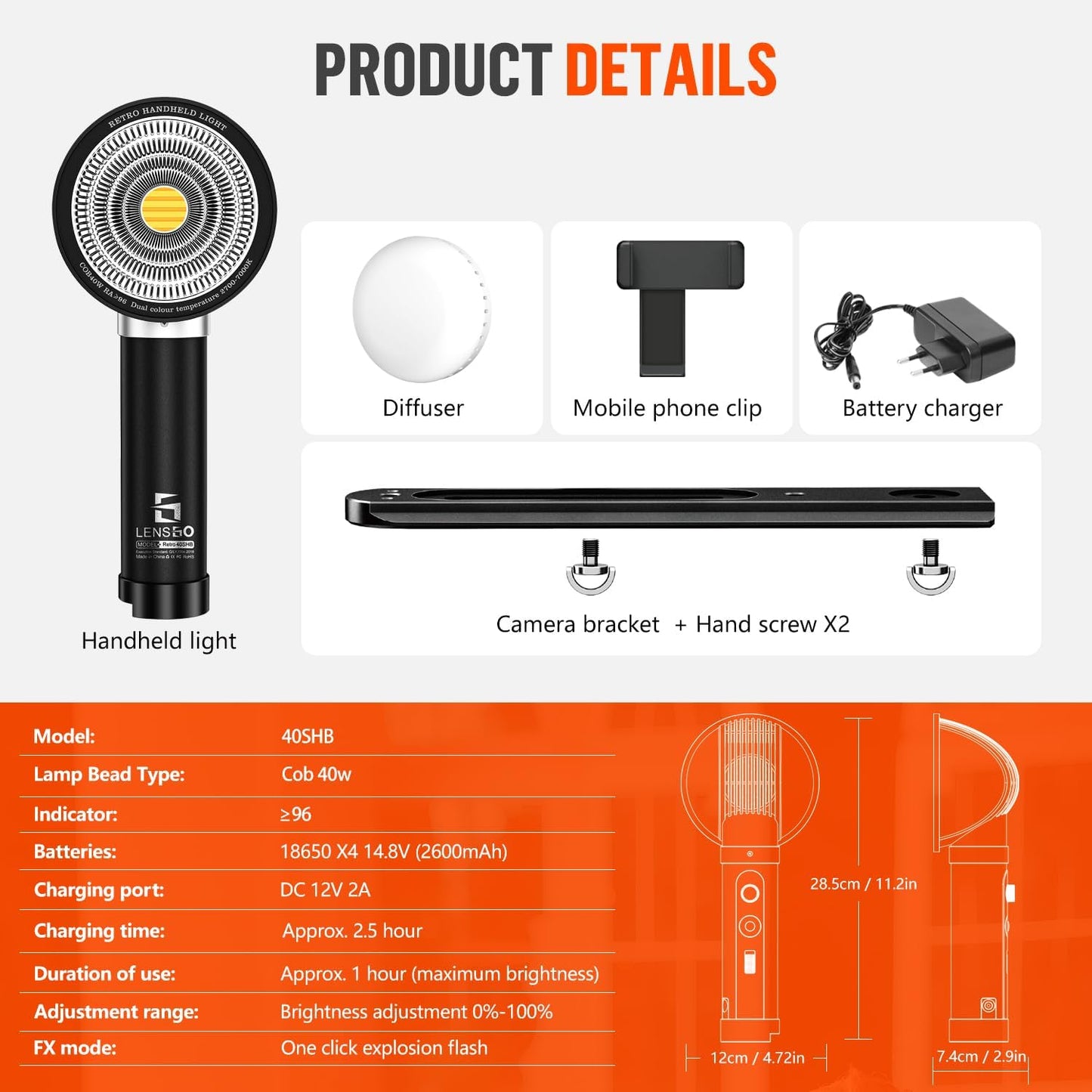 LENSGO 40SHB 40W Bi-Color Video Light, CRI96+, 8 Effects, Softbox, Rechargeable