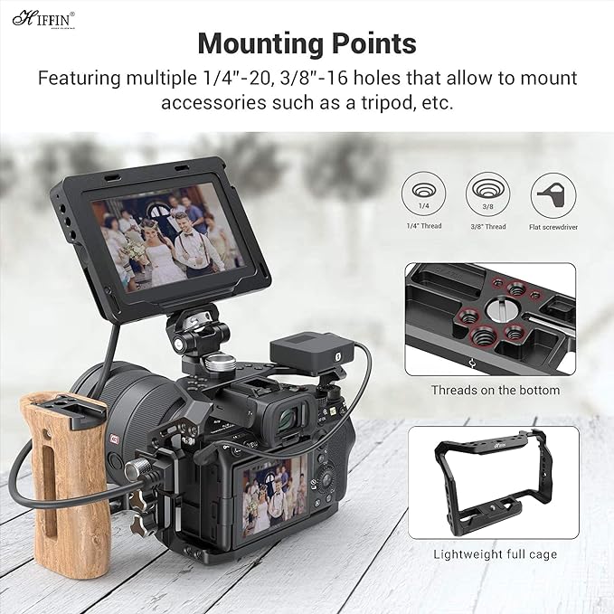 HIFFIN A7M4 Metal Cage for A7M4, A7R4A, A1, A9II, A7S3, A7R5, A7IV Built-in Quick Release Plate for Arca-Type, Filmmaking Video Cage with Shoe Mount, 1/4'' & 3/8'' Threaded Holes
