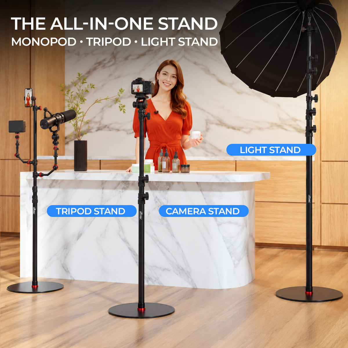 6.10ft Round Base Light Stand and Monopod, Adjustable Floor Stand, 82 Inch Height