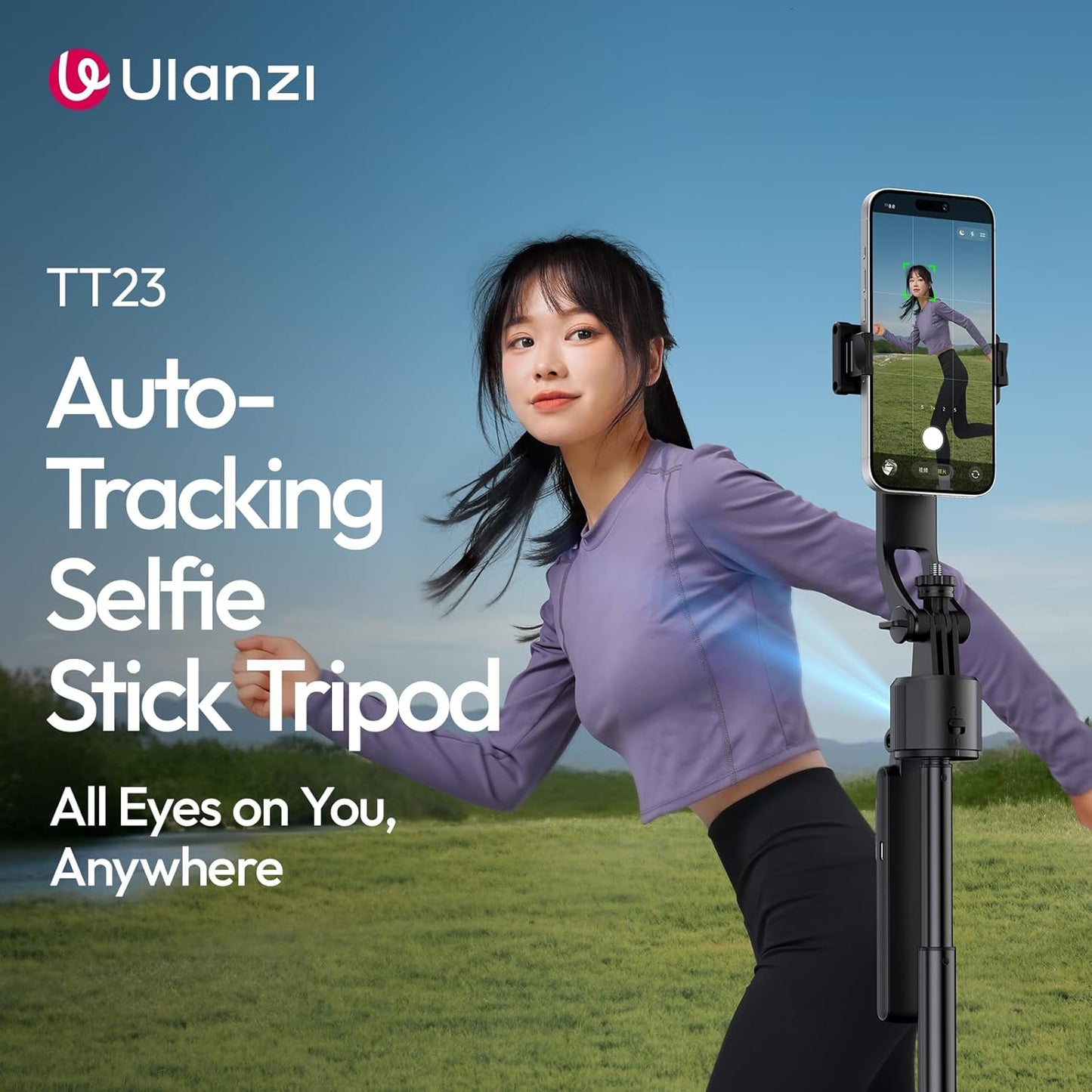 ULANZI TT23 64" Auto Face Tracking Tripod, 360° Selfie Stick w/ Remote for iPhone/Android