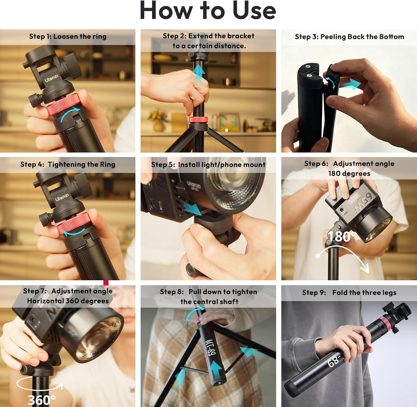 ULANZI MT-89 82in Aluminum Extendable Tripod, 1/4in QR, 2.2lb Load