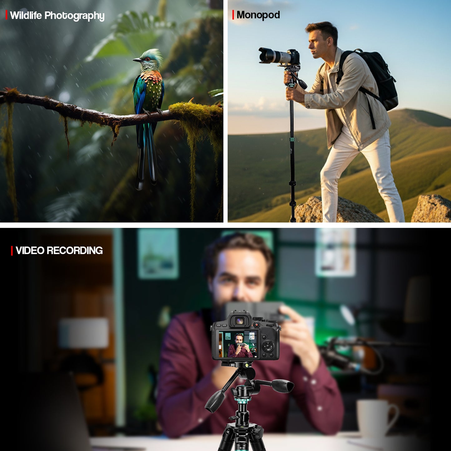 Professional Portable Tripod Monopod with 3 Way Pan Head