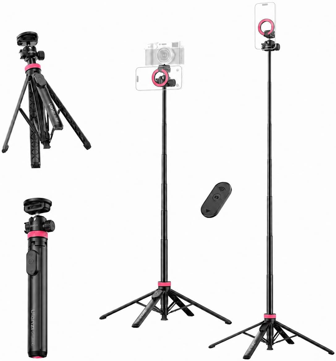 ULANZI MT44M Auto Open Magnetic Phone Tripod, 59" Selfie Stick with Remote White/Black
