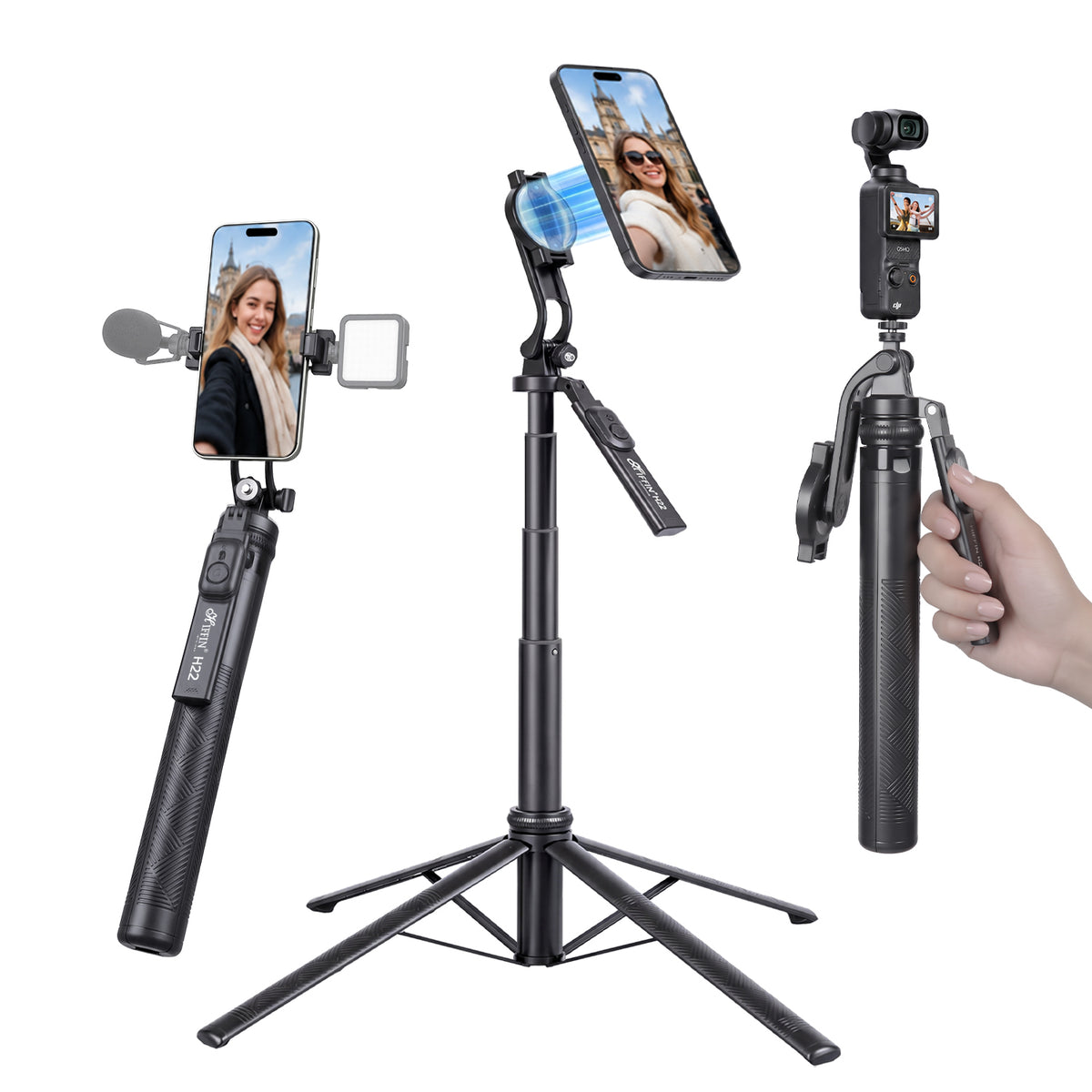 H22 Selfie Stick Tripod, 71in Quadrapod, Remote, 360° Rotation, Detachable Mount