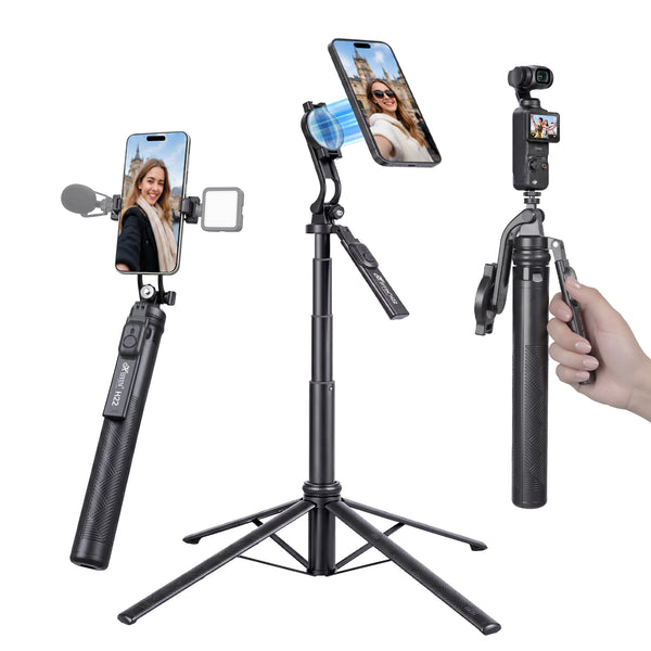 H22 Selfie Stick Tripod, 71in Quadrapod, Remote, 360° Rotation, Detachable Mount