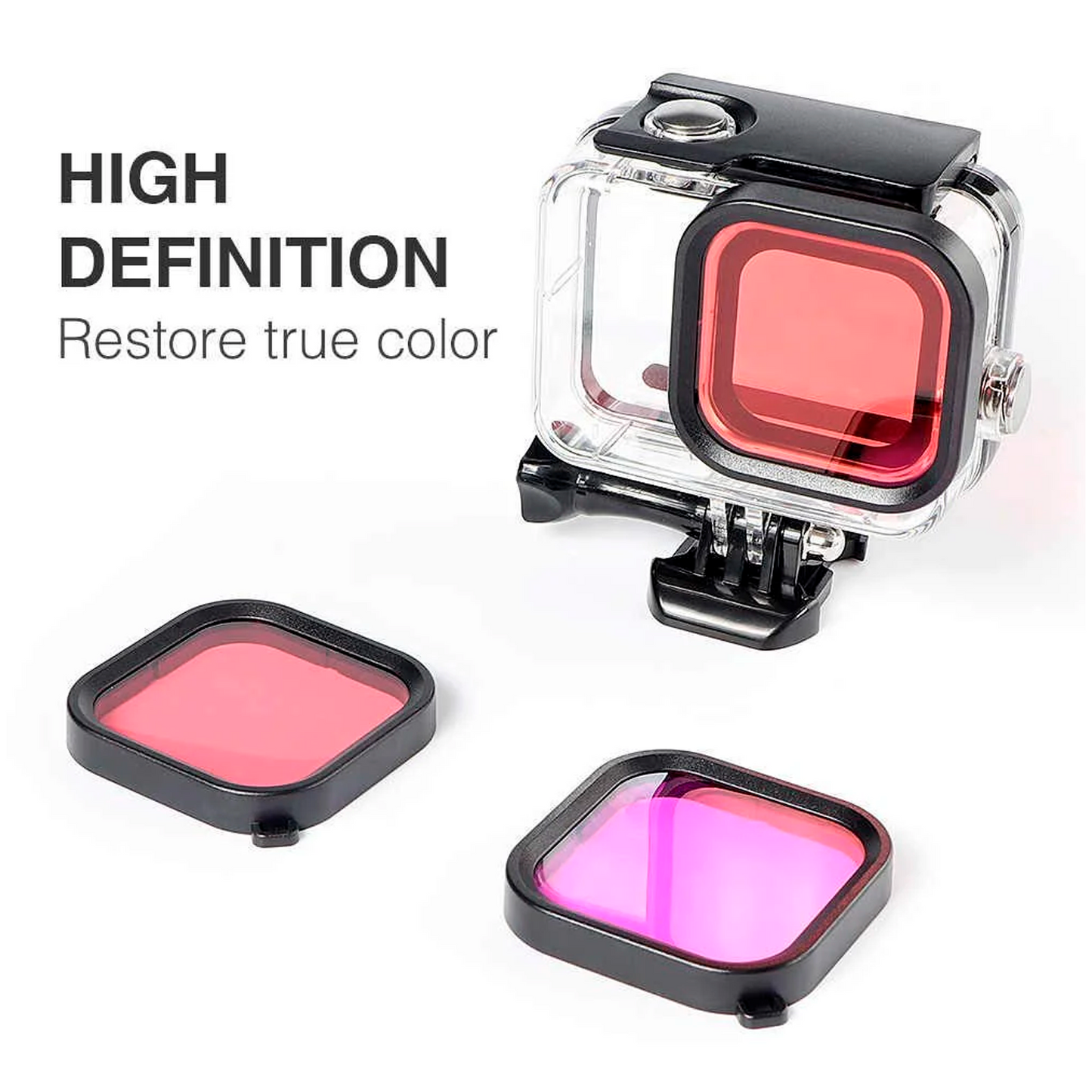 HIFFIN® HF-8 Accessories Kit for GoPro Hero 8 Black with Protective Housing + Ultra Clear Tempered Glass Screen Protector + Lens Protector + Silicone Rubber Protective Case(Black) + 3 Color Filter