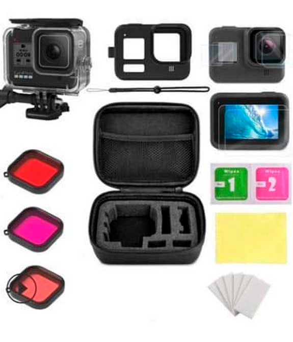 HIFFIN® HF-8 Accessories Kit for GoPro Hero 8 Black with Protective Housing + Ultra Clear Tempered Glass Screen Protector + Lens Protector + Silicone Rubber Protective Case(Black) + 3 Color Filter
