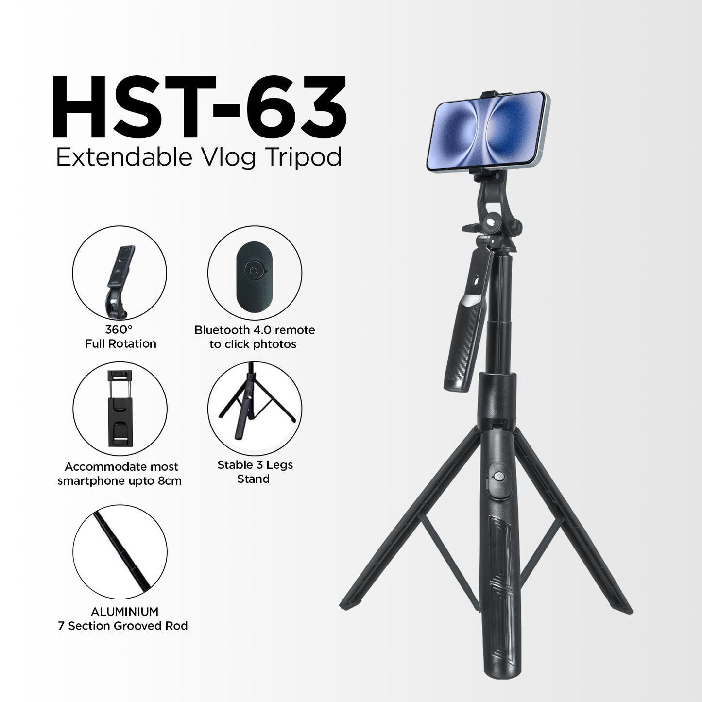 HIFFIN HST-63 Tripod – 63" Long, 360° Handle, Remote, Tri-Leg