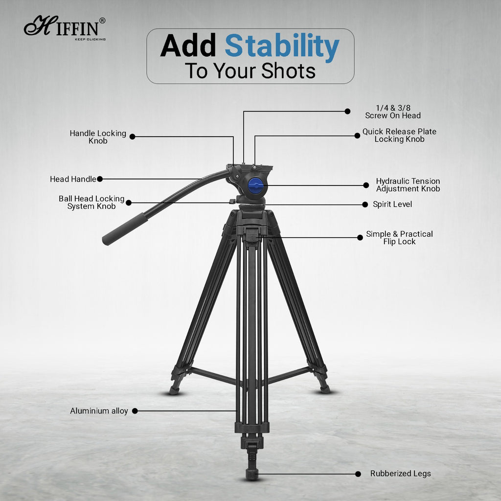 HIFFIN HTR-580 (160 Cm) Professional Heavy-Duty Tripod, with Adjustable Fluid Pan Head, for Digital Video Cameras, Max Operating Height: 160 Cm, Max Load Upto: 10 kgs (Black)