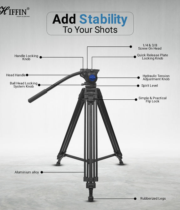 HIFFIN HTR-580 (160 Cm) Professional Heavy-Duty Tripod, with Adjustable Fluid Pan Head, for Digital Video Cameras, Max Operating Height: 160 Cm, Max Load Upto: 10 kgs (Black)