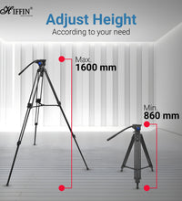 HIFFIN HTR-580 (160 Cm) Professional Heavy-Duty Tripod, with Adjustable Fluid Pan Head, for Digital Video Cameras, Max Operating Height: 160 Cm, Max Load Upto: 10 kgs (Black)