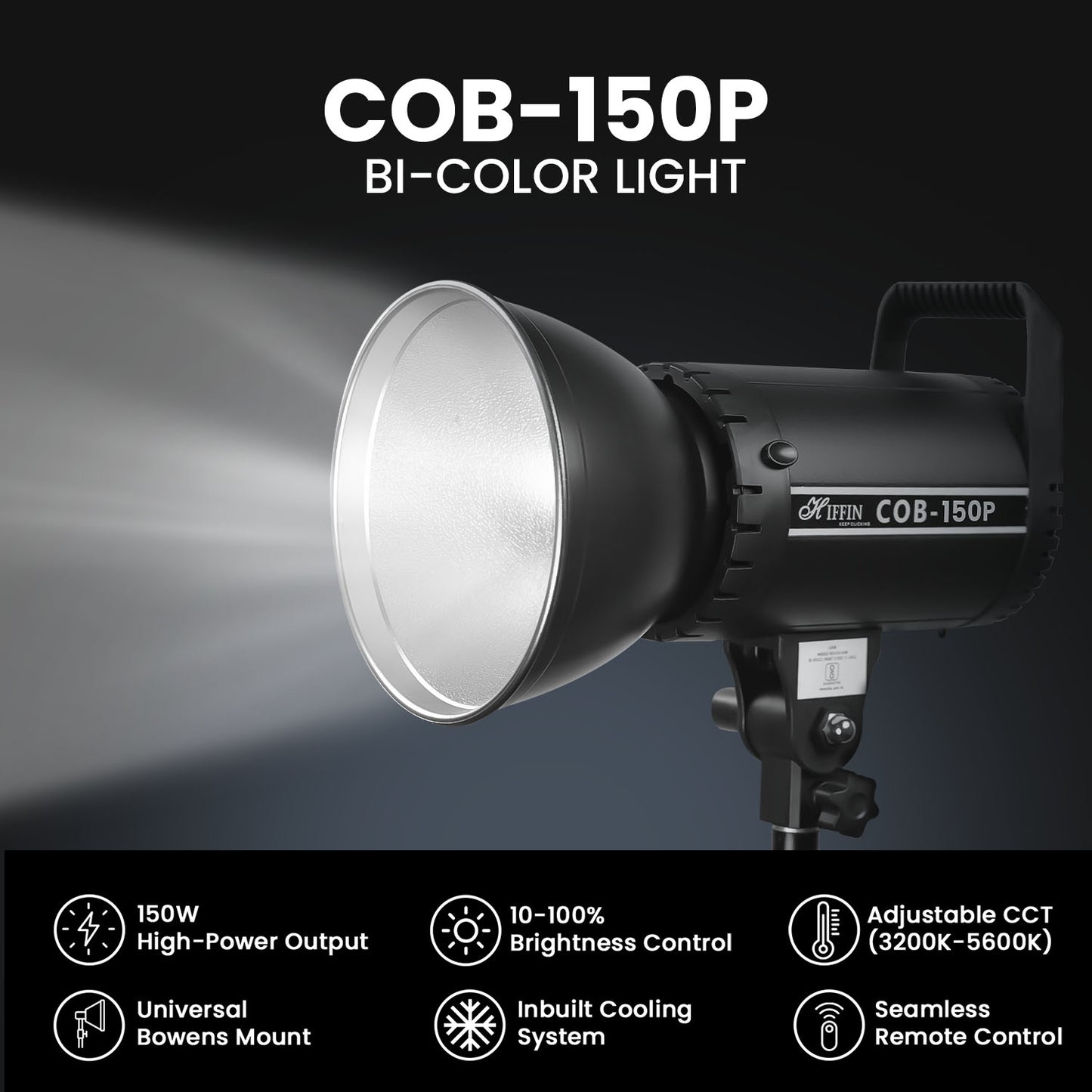 COB-150P 150W Bi-Color LED Video Light 3200K–5600K, 18CM Reflector, 13500 Lux, Dimmable 10–100%, AC Powered