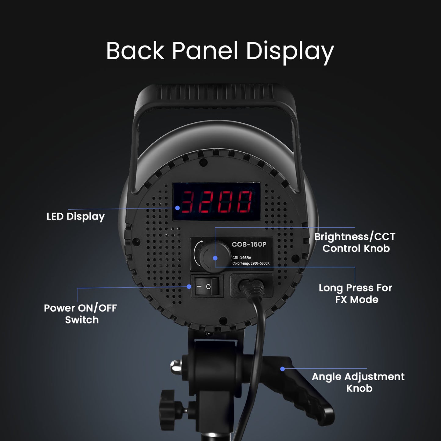 COB-150P 150W Bi-Color LED Video Light 3200K–5600K, 18CM Reflector, 13500 Lux, Dimmable 10–100%, AC Powered