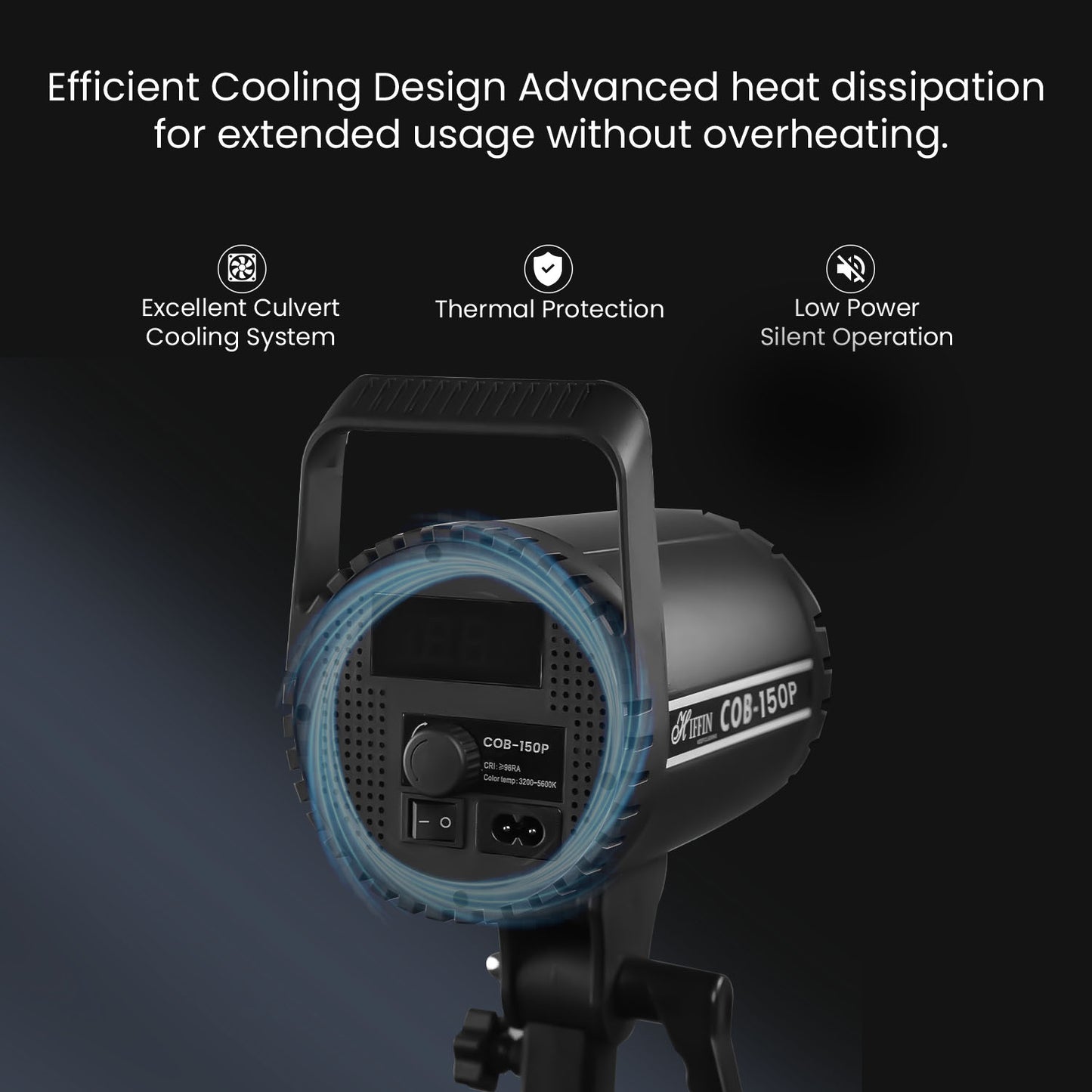 COB-150P 150W Bi-Color LED Video Light 3200K–5600K, 18CM Reflector, 13500 Lux, Dimmable 10–100%, AC Powered