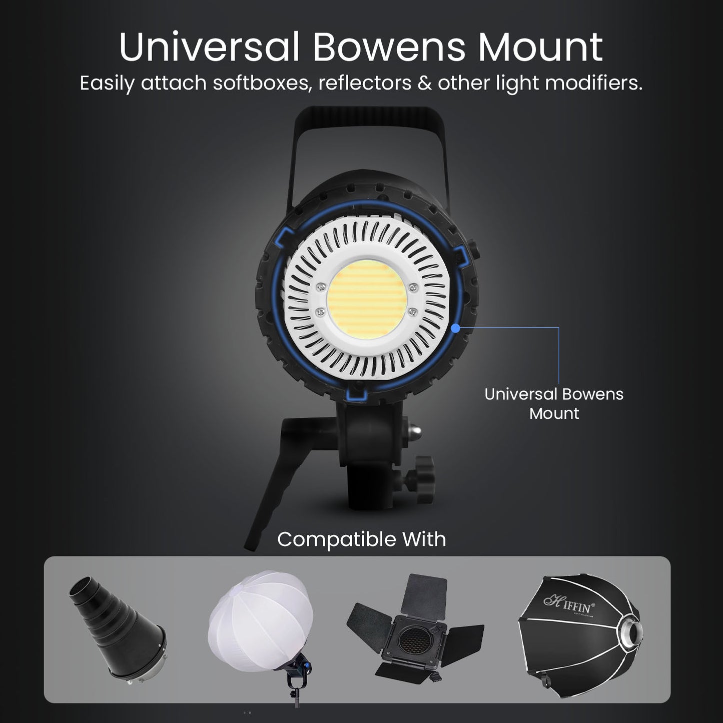 COB-150P 150W Bi-Color LED Video Light 3200K–5600K, 18CM Reflector, 13500 Lux, Dimmable 10–100%, AC Powered