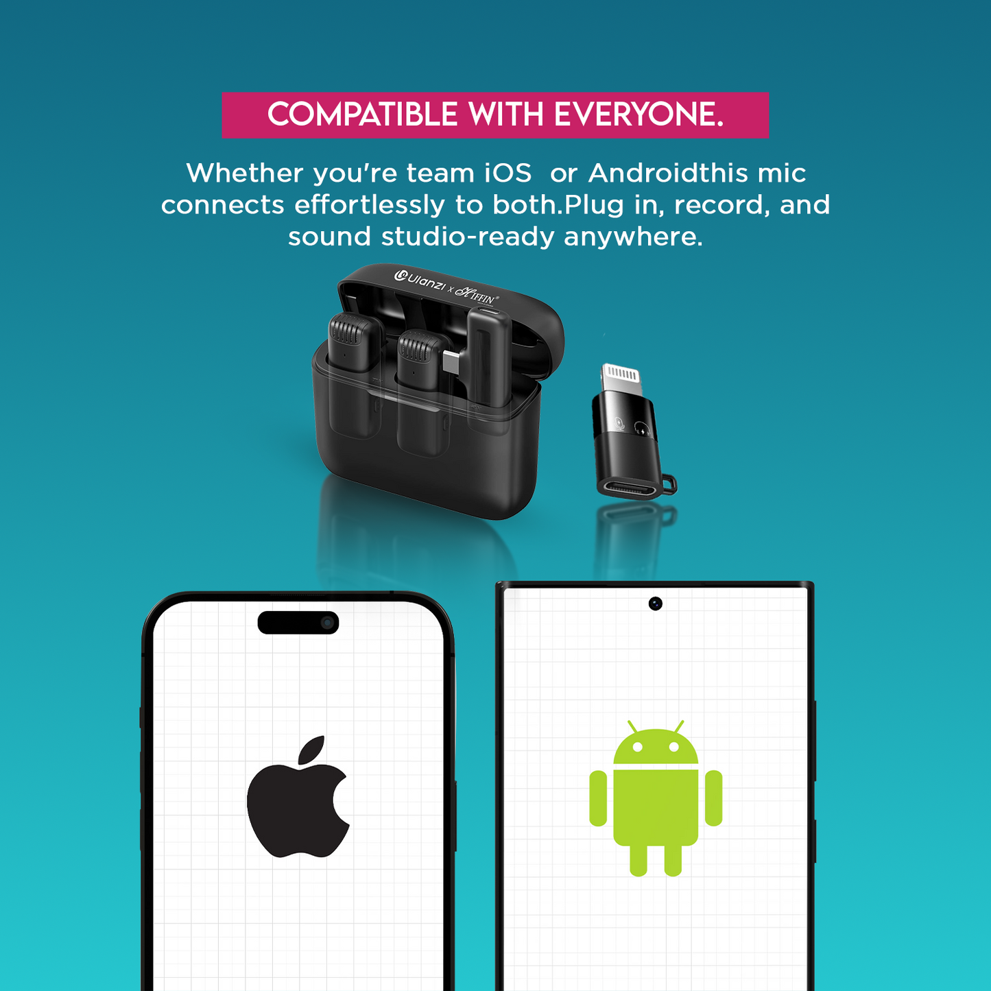 Ulanzi J12 Wireless Lavalier Mic for USB-C, iPhone & iPad, 2in1 Adapter, 65ft Range, Case