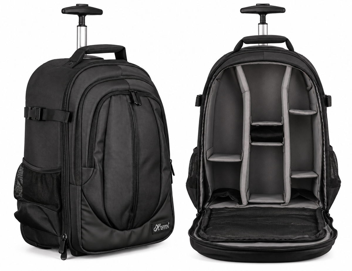 Hiffin 2-in-1 Convertible Backpack Rolling Case for Cameras and Gear with Great Capacity, User-Friendly Design, and Durable Waterproof Construction - Travel in Style and Convenience! 