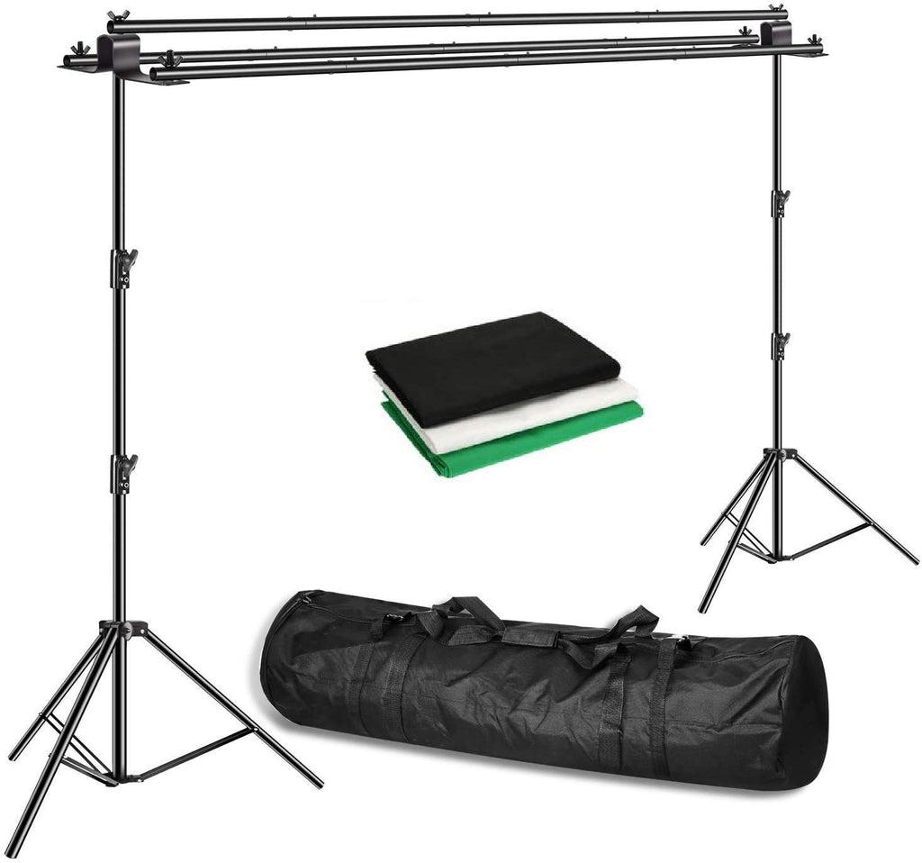 HIFFIN® Triple Crossbar 10 ft Wide 8.5 ft Height Backdrop Stand, Photo Video Studio Heavy Duty Adjustable Photography Muslin Background Support System Kit - 3 in 1 | 3 Curtains